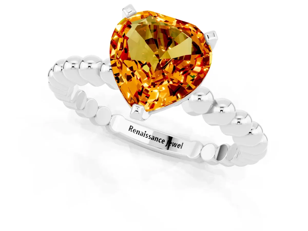 Heart Cut Citrine Solitaire Ring with Beaded Band and Prong Setting Silver
