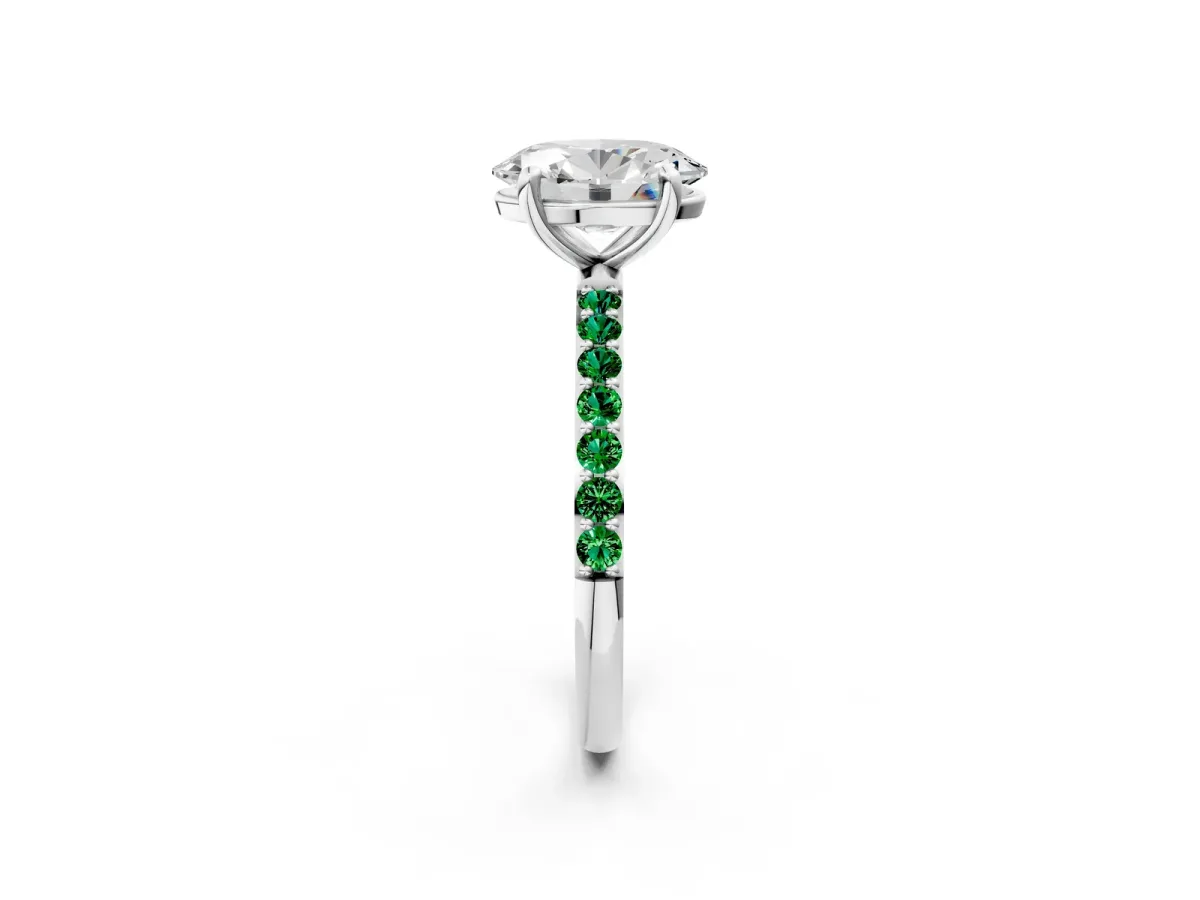 Oval Cut Diamond Solitaire Ring with Round Emerald Pavé Band and Prong Setting Silver