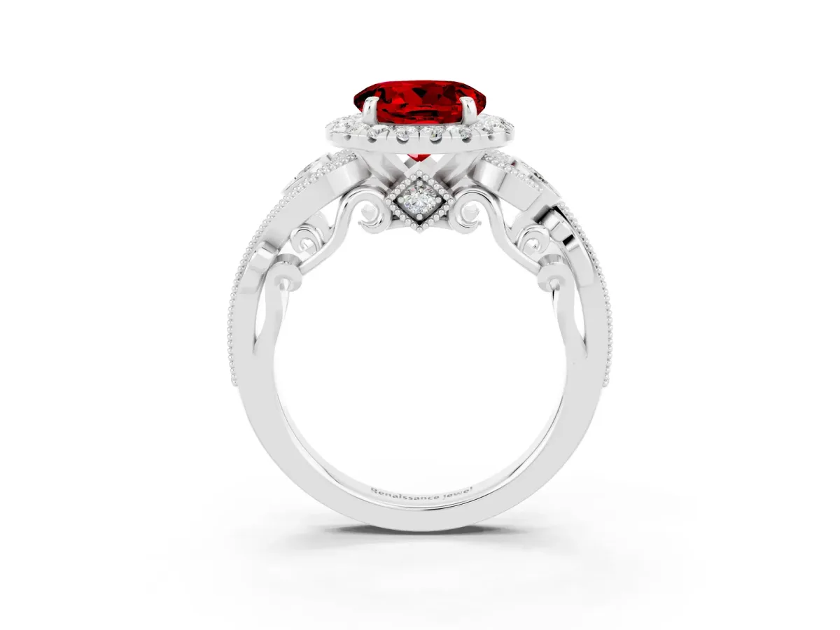 Round Cut Ruby Halo Ring with Milgrain Pavé Band and Four-Prong Setting Platinum