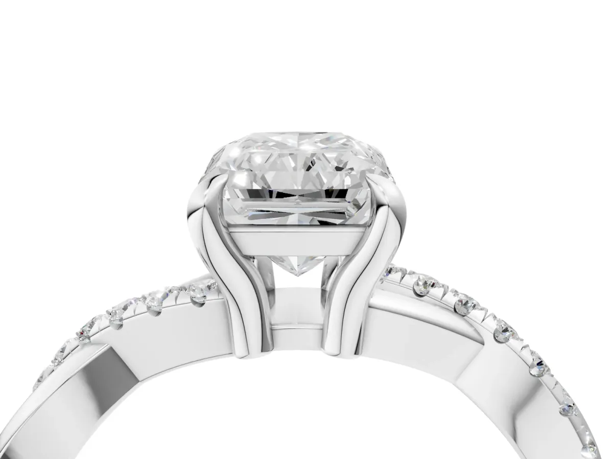 Radiant Cut Cut Twist Band Solitaire Diamond Ring with Pavé Setting Platinum