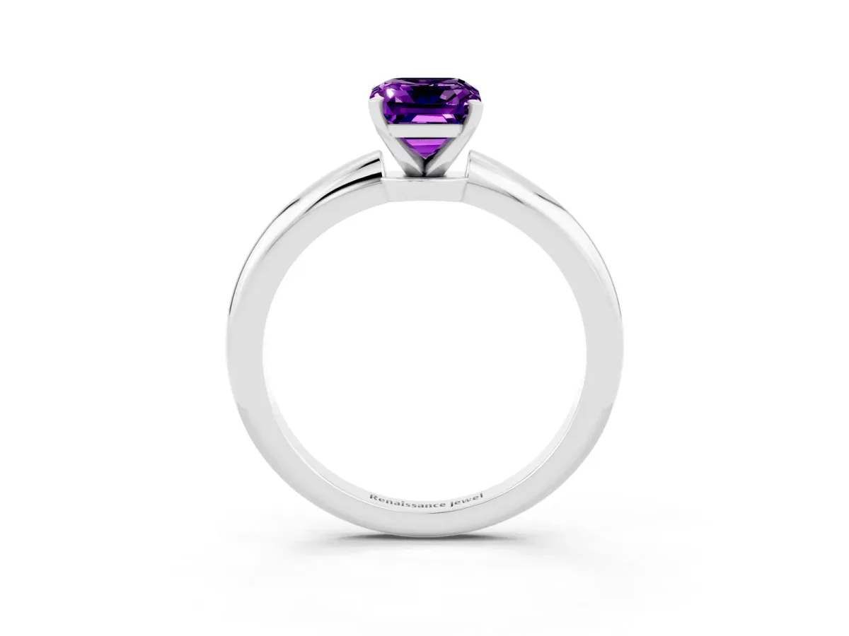 Emerald Cut Amethyst Solitaire Ring with Six-Prong Setting and Classic Band Silver