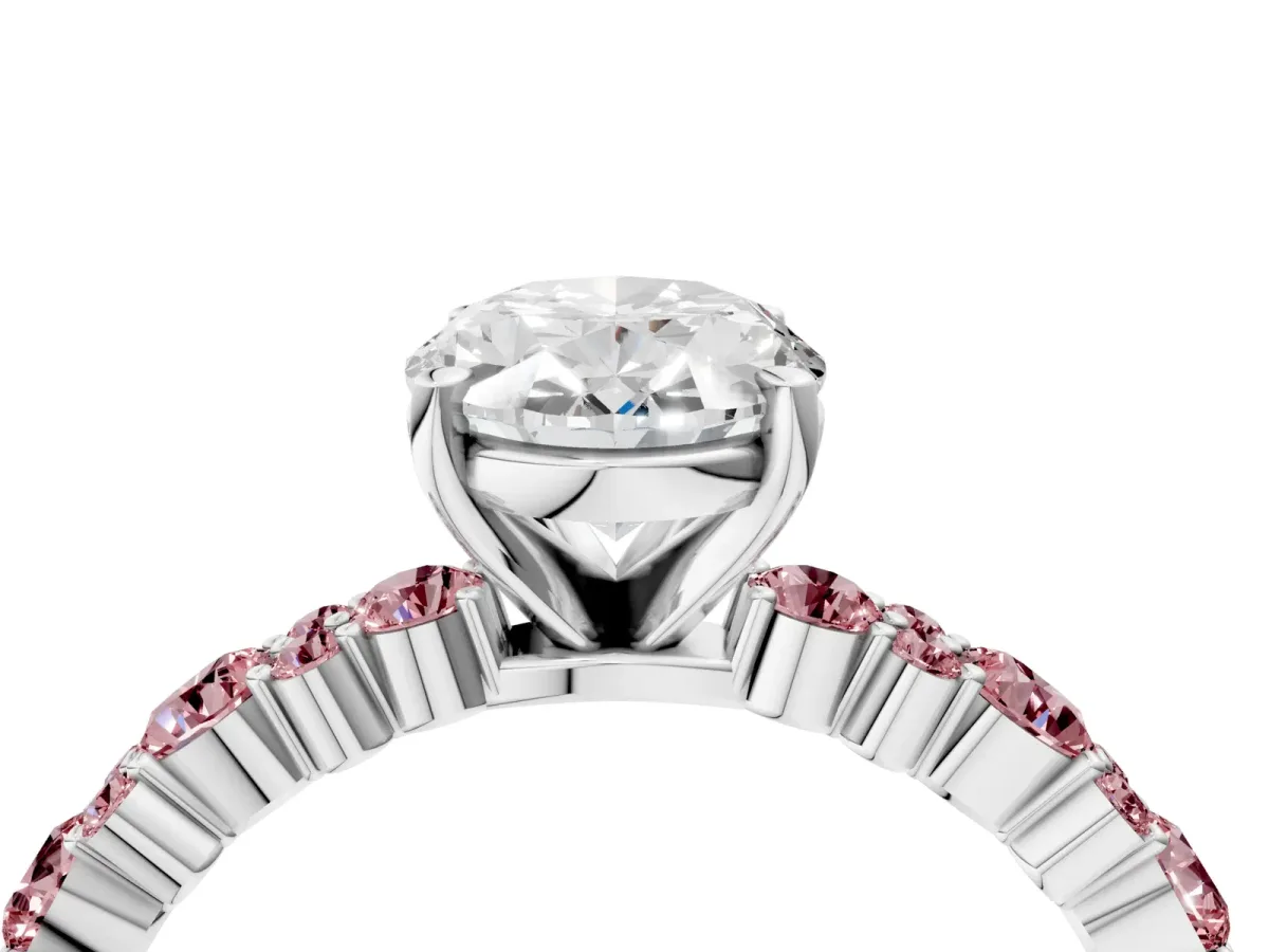 Oval Cut Diamond Side Stone Solitaire Ring with Round Morganite and Four-Prong Setting Silver