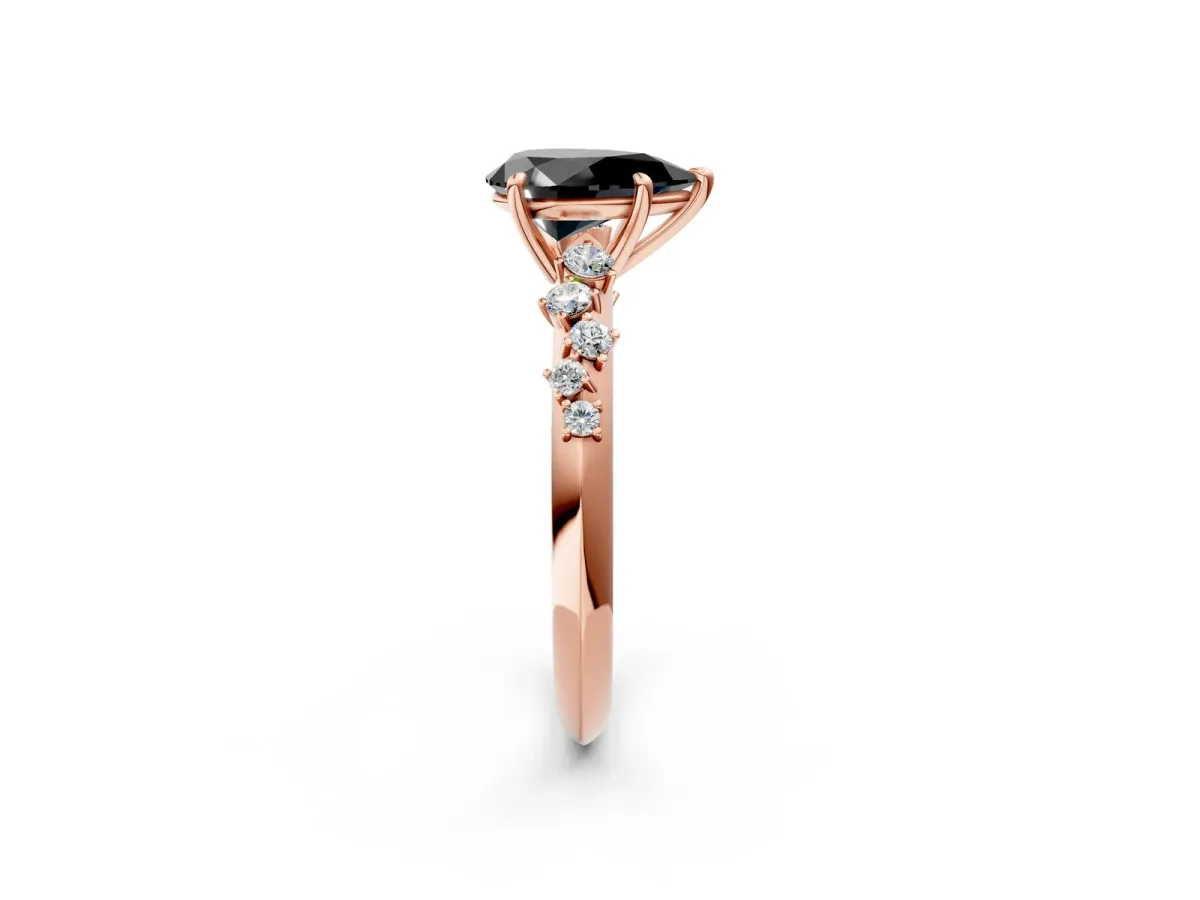 Fancy Black Pear Cut Diamond Cluster Side Stone Solitaire Ring with Prong Setting Rose gold