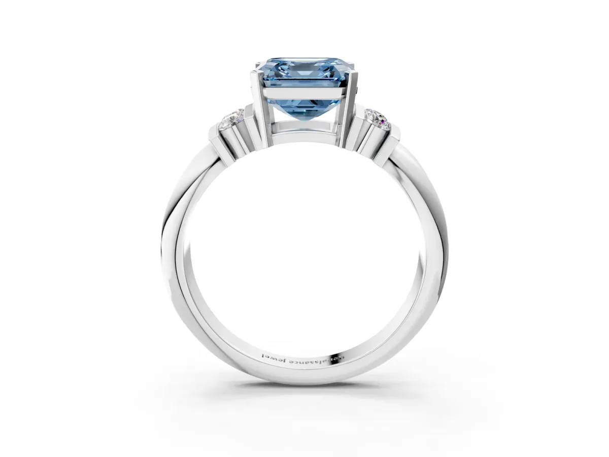 Fancy Blue Asscher Cut Cut Three-Stone Channel Set Ring with Bar Prongs Platinum