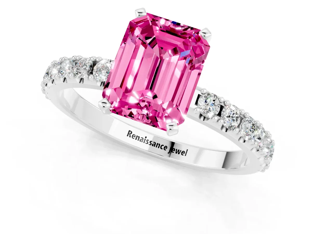 Emerald Cut Pink Sapphire Solitaire Pavé Band with Four-Prong Setting Silver