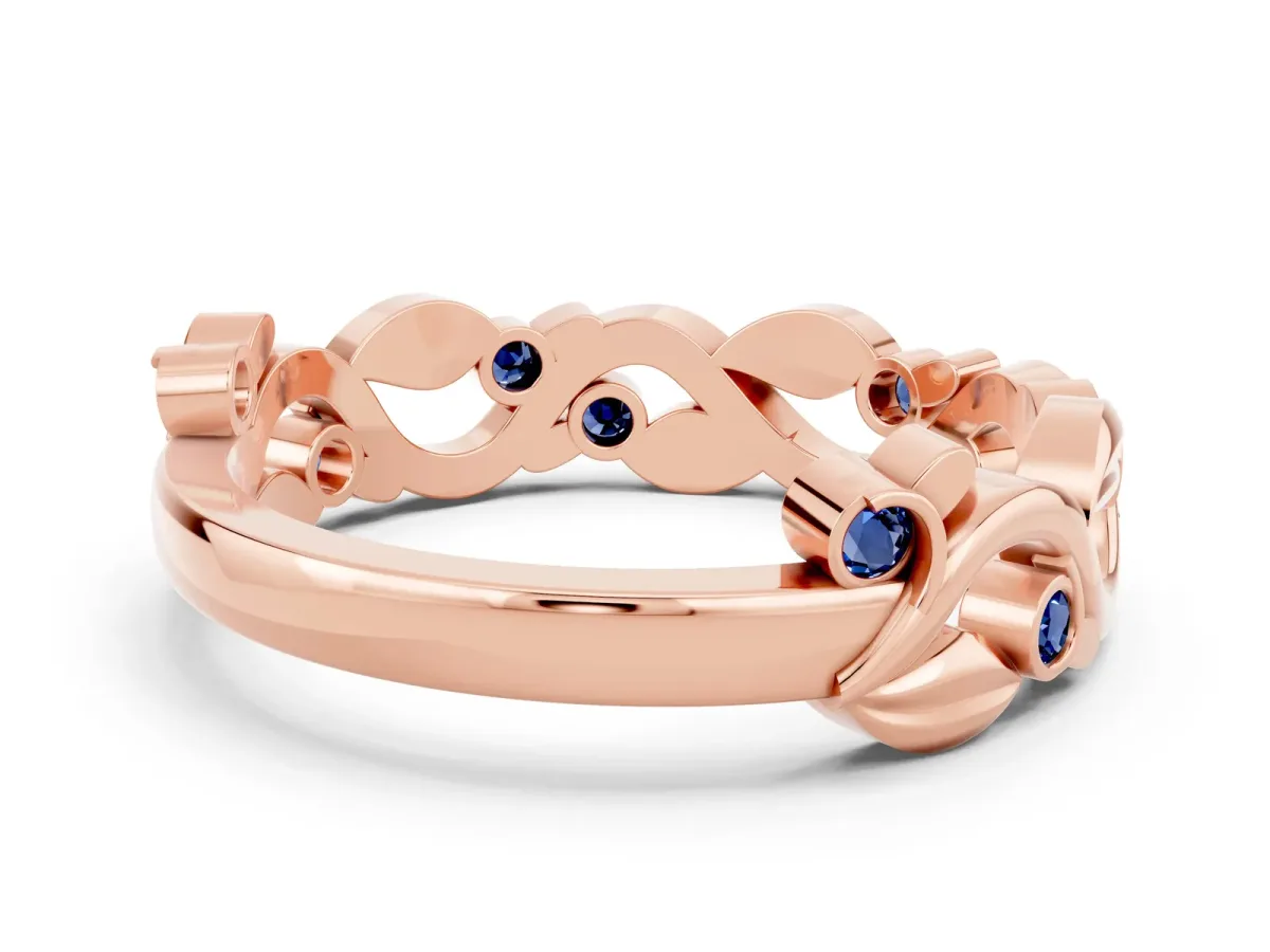 Round Blue Sapphire Leaf Eternity Band with Bezel Setting Rose gold