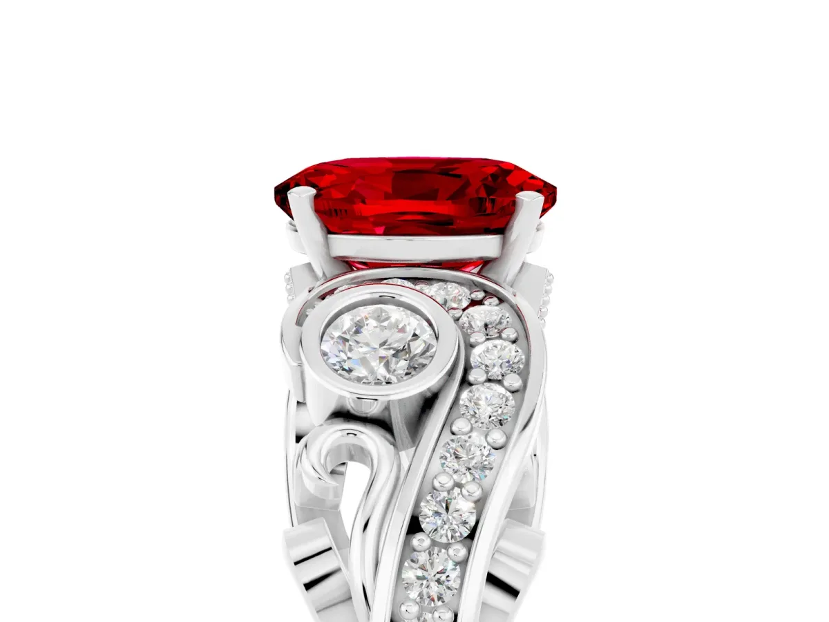 Oval Cut Ruby Solitaire Ring with Milgrain Pavé Band and Four-Prong Setting Platinum