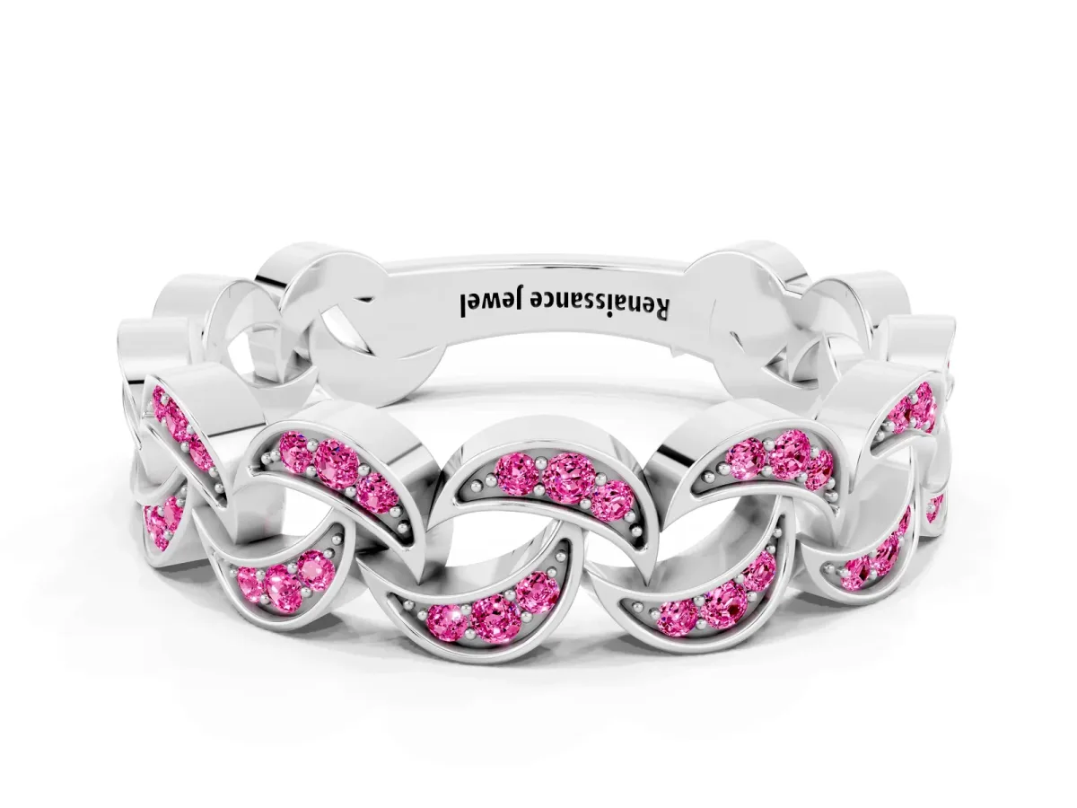 Pavé Round Pink Sapphire Interlocking Eternity Band with Bezel Prong Setting Silver