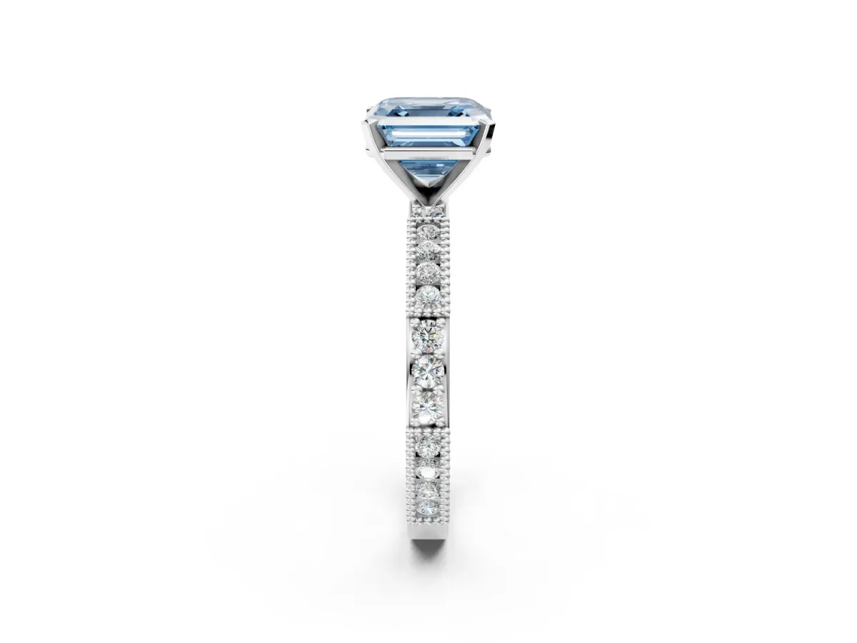 Fancy Blue Asscher Cut Solitaire with Pavé Band and Four-Prong Setting Silver