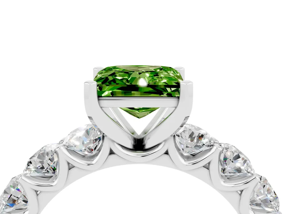 Princess Cut Peridot Prong Setting with Side Stones on a Pave Band Silver