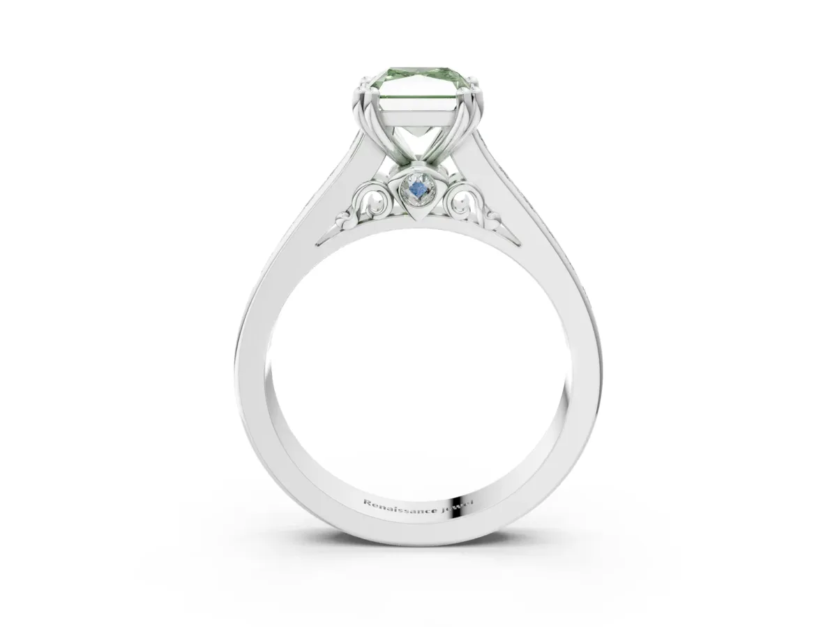 Fancy Green Radiant Cut Cut Channel Set Solitaire Engagement Ring with Prong Setting Platinum