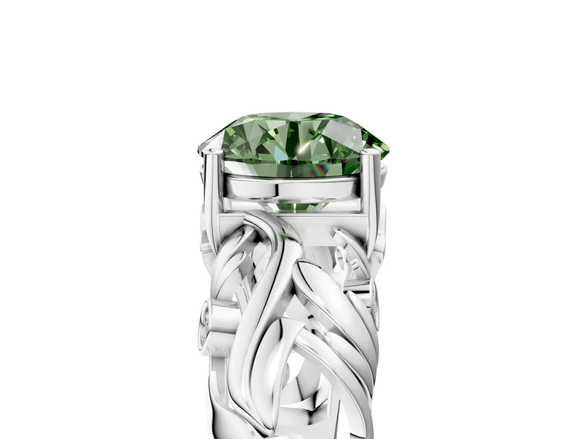 Fancy Green Round Cut Solitaire Diamond Leaf-Inspired Vine Band Ring with Prong Setting Silver