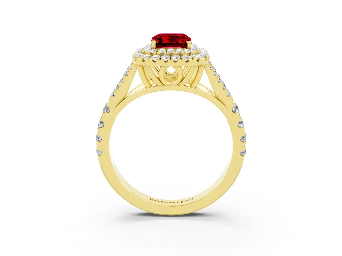 Double Halo Emerald Cut Ruby Split Shank Engagement Ring with Four-Prong Setting Yellow gold