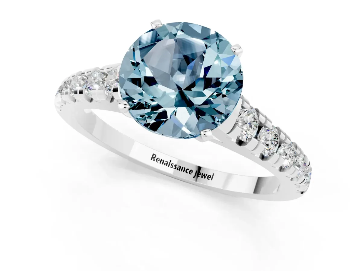 Round Cut Aquamarine Cathedral Solitaire Ring with Round Pavé Band Silver
