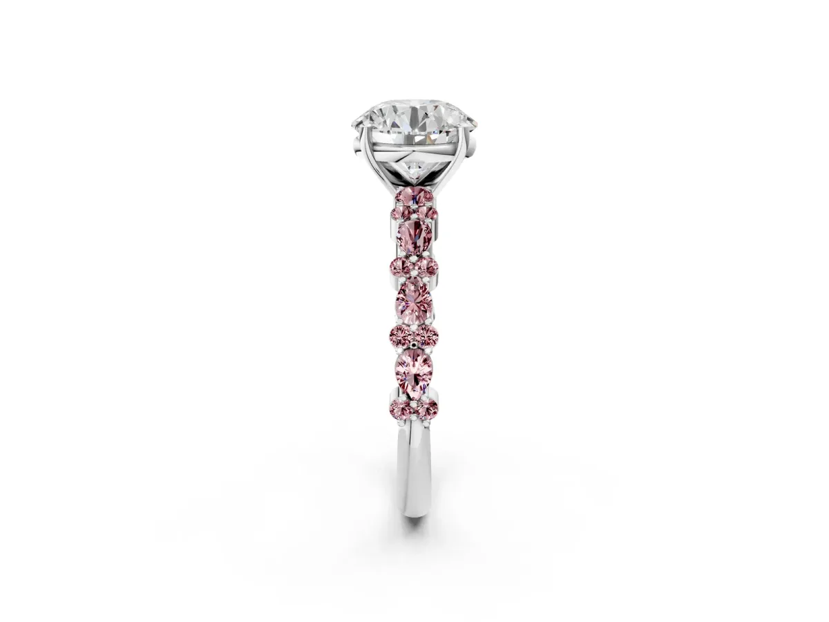 Round Cut Diamond Side Stone Solitaire Ring with Round Morganite and Four-Prong Setting Silver