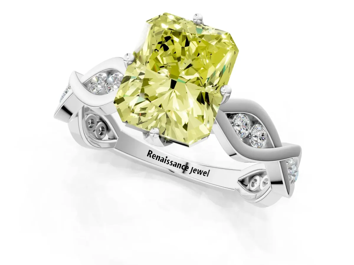 Fancy Yellow Radiant Cut Solitaire Twist Band with Leaf Prong Setting Platinum