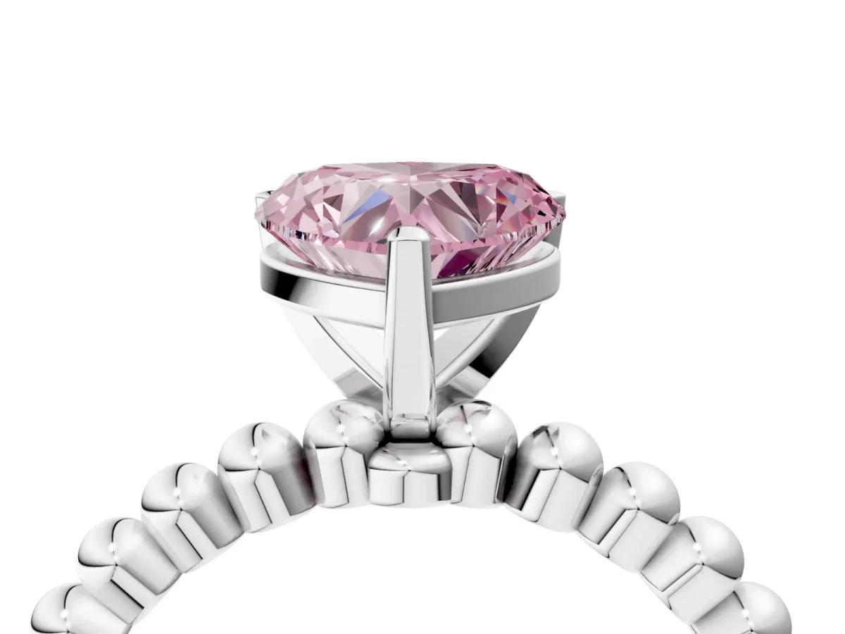 Fancy Pink Heart Cut Diamond Solitaire Ring with Beaded Band and Prong Setting Silver