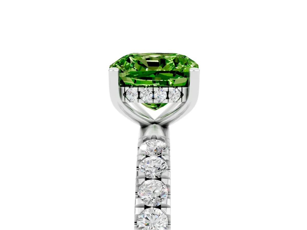 Cushion Cut Peridot Pave Band Solitaire Ring with Round and Prong Setting Platinum