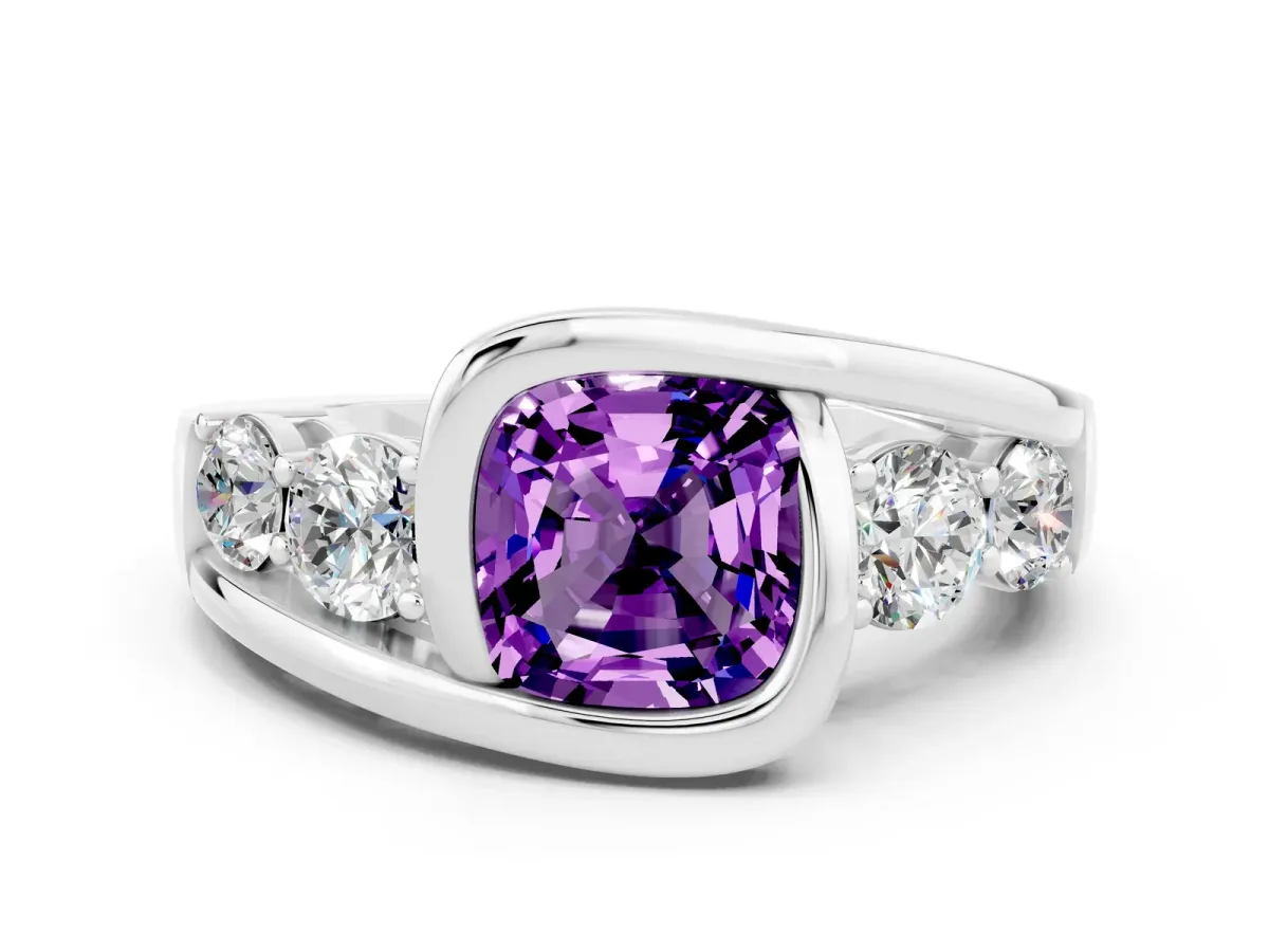 Bezel Set Cushion Cut Amethyst Bypass Ring with Round Accents Platinum