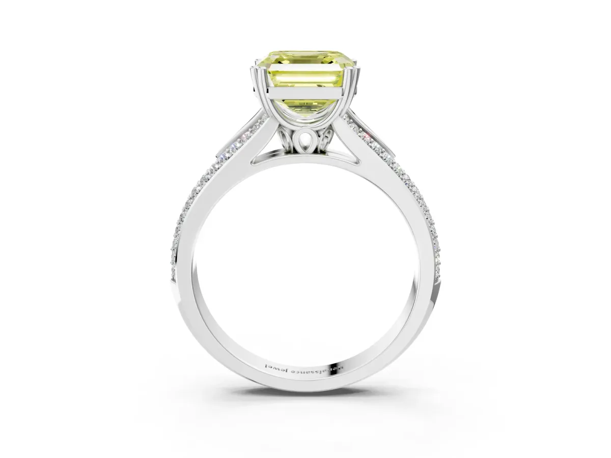 Fancy Yellow Asscher Cut Diamond Split Shank Engagement Ring with Pavé Band Platinum