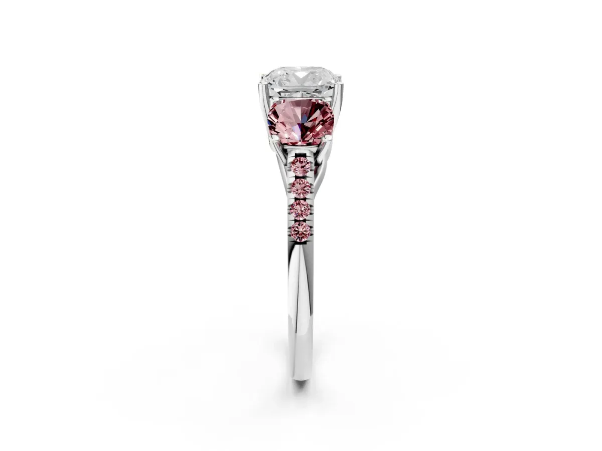 Three-Stone Cushion Cut Diamond Ring with Round Morganite Pavé Band and Prong Setting Silver