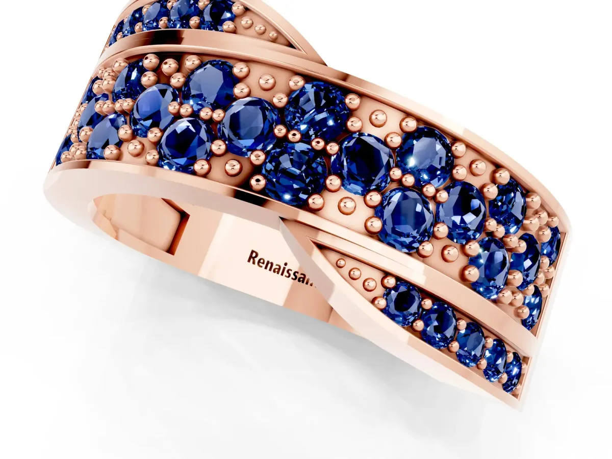 Pavé Round Blue Sapphire Crossover Band with Bead Prong Setting Rose gold