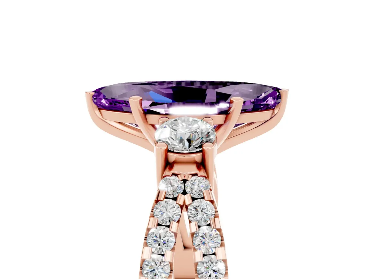 Marquise Cut Amethyst Three-Stone Ring with Pavé Split Shank and Four-Prong Setting Rose gold