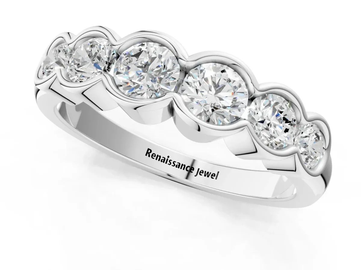 Round Diamond Scalloped Bezel Set Eternity Band Silver