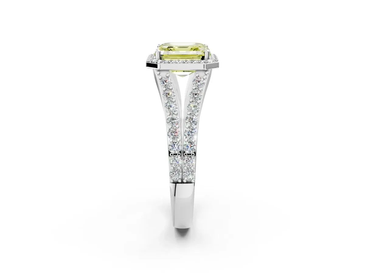 Fancy Yellow Asscher Cut Diamond Split Shank Halo Ring with Four-Prong Setting Platinum