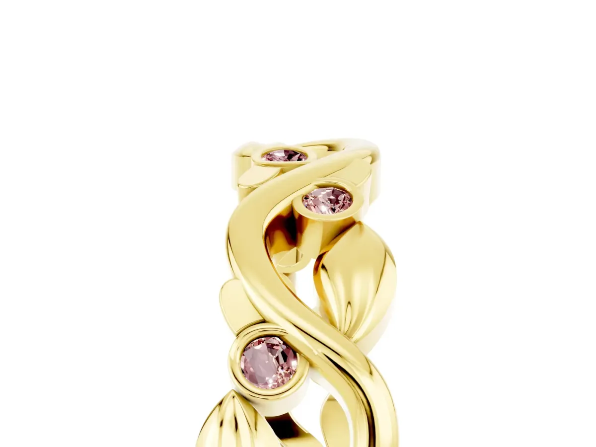 Round Morganite Leaf Eternity Band with Bezel Setting Yellow gold