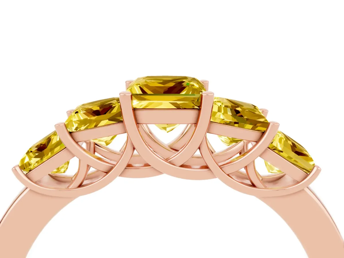 Princess Cut Five-Stone Yellow Sapphire Ring with Classic Prong Setting Rose gold
