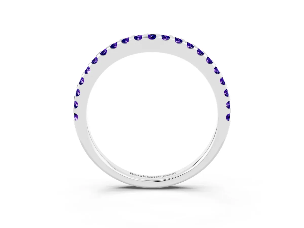 Round Tanzanite Pavé Curved Wedding Band Silver