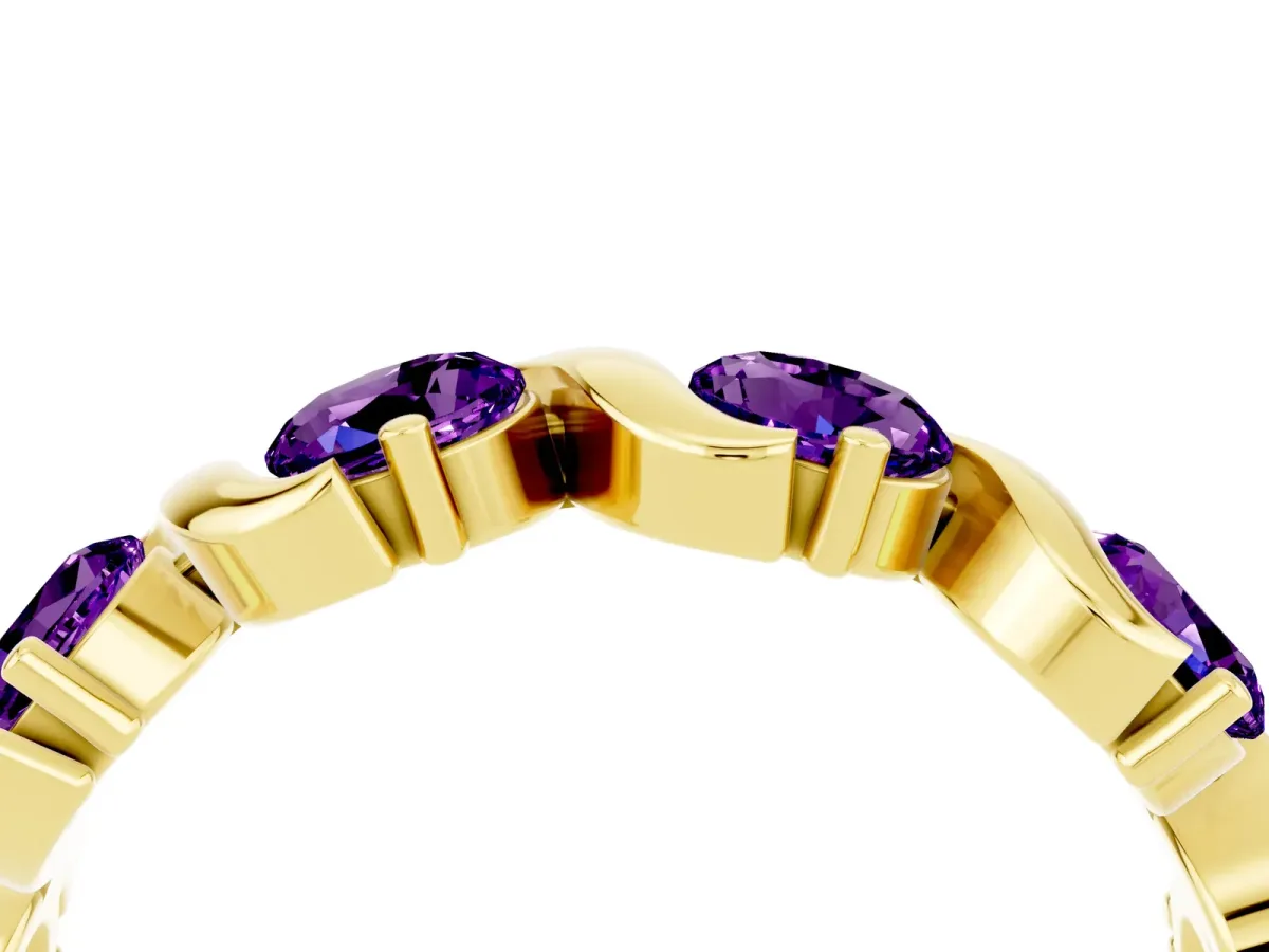 Round Amethyst Half Eternity Band with Wave Prong Setting Yellow gold