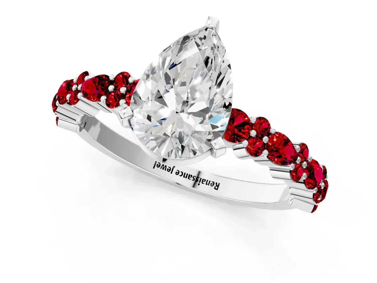 Pear Cut Diamond Side Stone Solitaire Ring with Round Ruby and Four-Prong Setting White gold