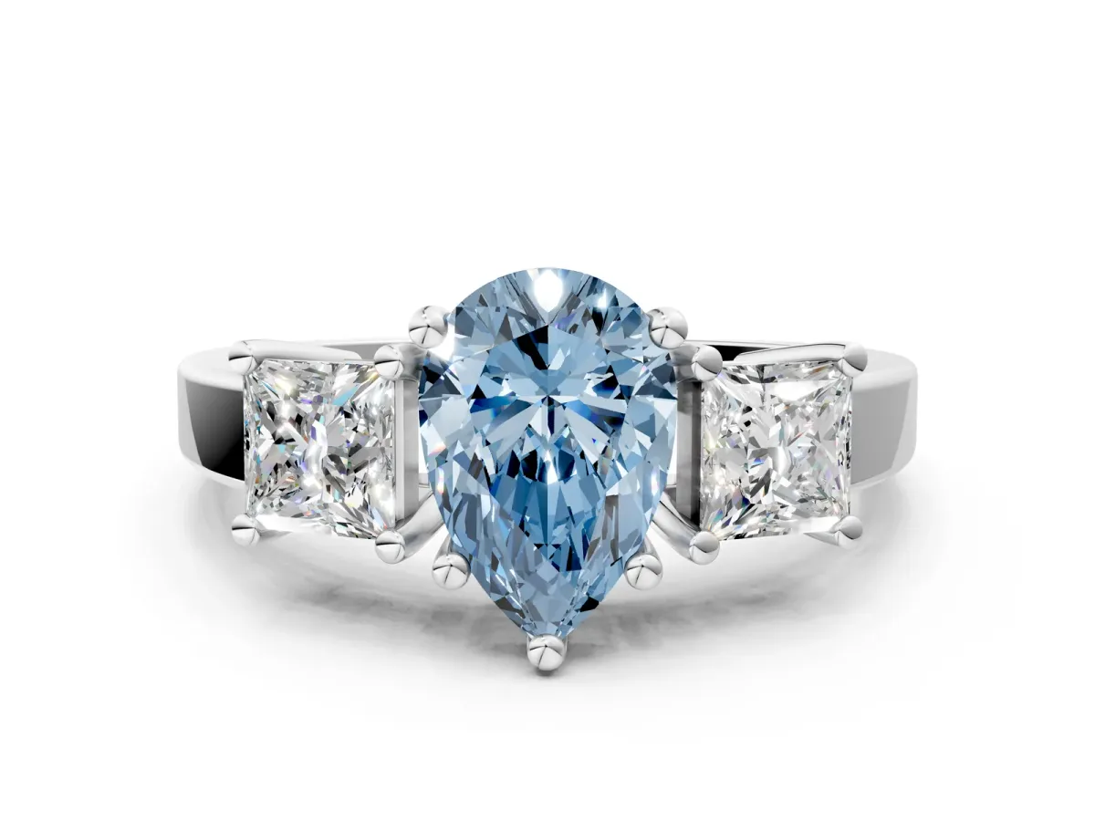 Fancy Blue Three-Stone Pear Cut Cut Solitaire Ring with Prong Setting White gold