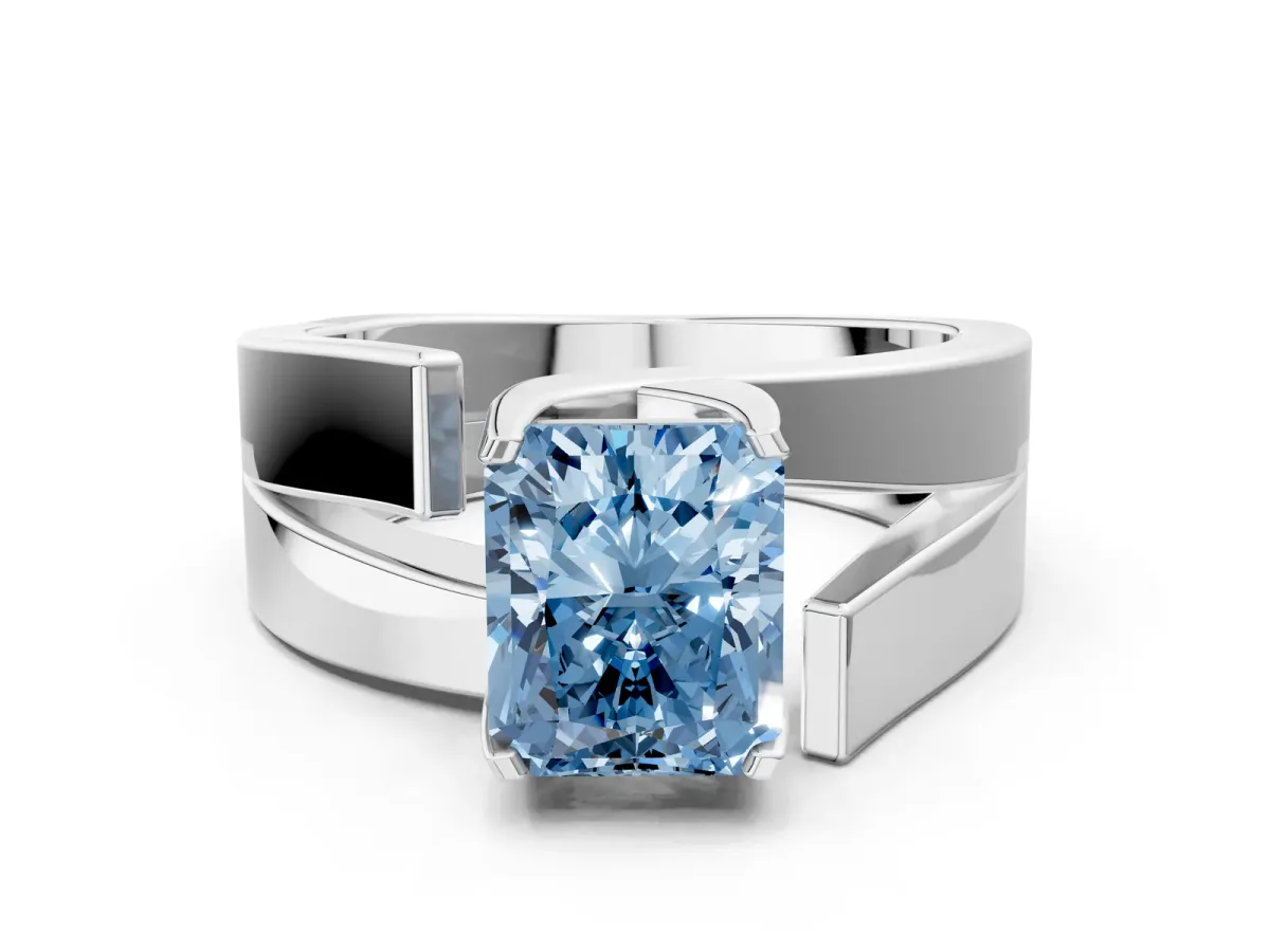 Fancy Blue Modern Tension Set Radiant Cut Diamond Solitaire Wide Band Ring Silver