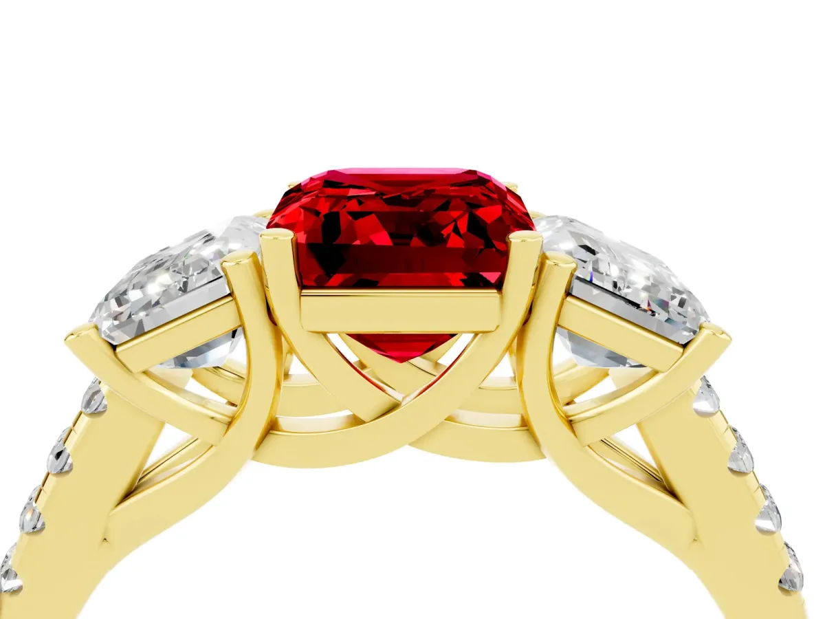 Three-Stone Emerald Cut Ruby Ring with Round Pavé Band and Prong Setting Yellow gold