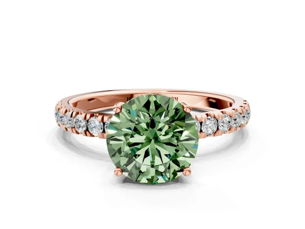 Fancy Green Round Cut Diamond Pave Band Solitaire Ring with Round and Prong Setting Rose gold