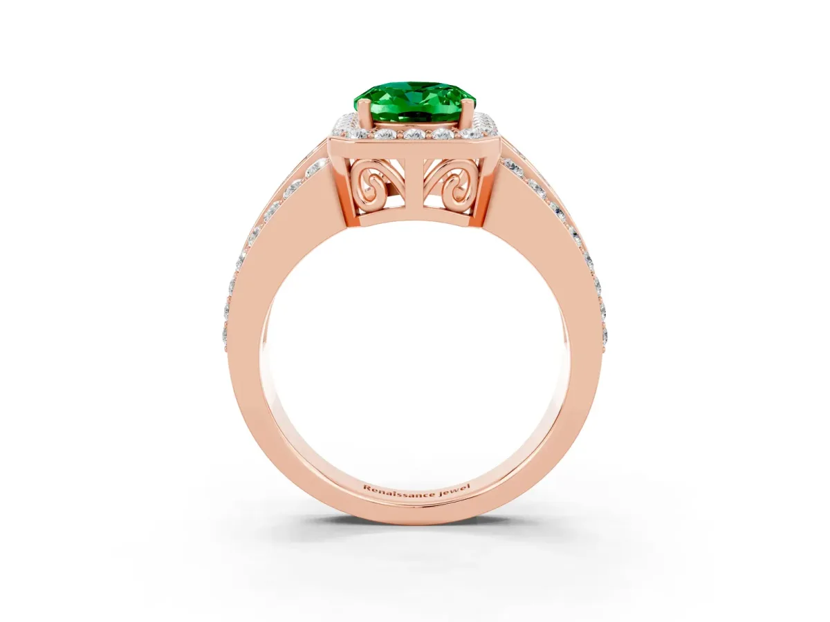 Oval Cut Halo Emerald Ring with Round Split Shank and Prong Setting Rose gold