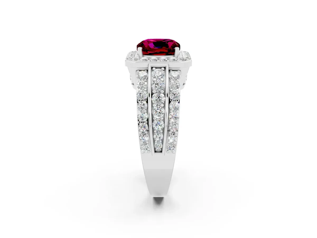 Cushion Cut Halo Garnet Ring with Round Split Shank and Prong Setting Platinum
