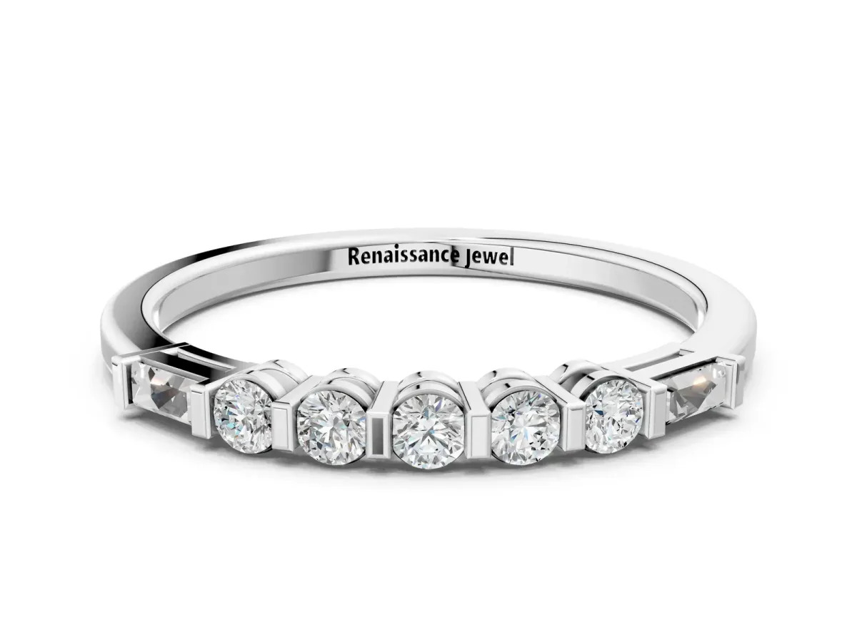 Round and Baguette Diamond Prong Set Half-Eternity Band Silver