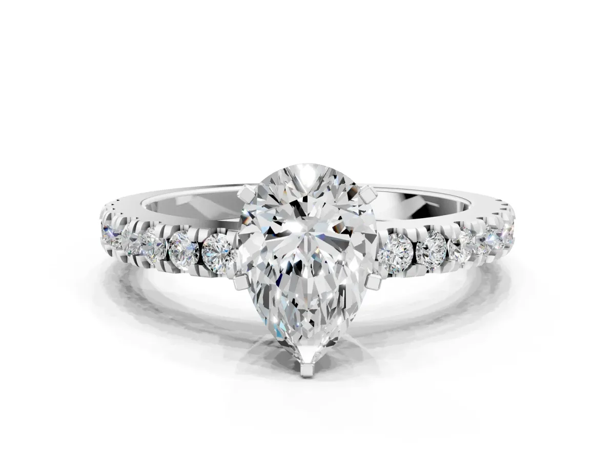 Pear Cut Solitaire Diamond with Pavé Band and Four-Prong Setting Silver