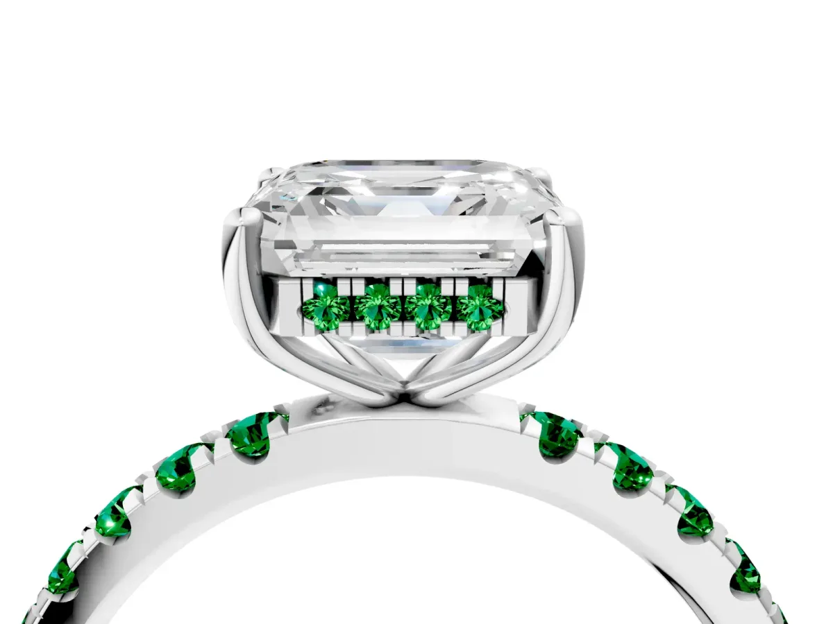 Asscher Cut Diamond Pave Band Solitaire Ring with Round Emerald and Prong Setting Platinum