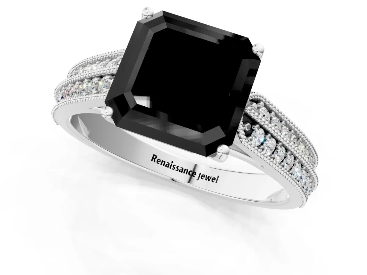 Fancy Black Asscher Cut Cut Pave Split Shank Engagement Ring with Four-Prong Setting Platinum