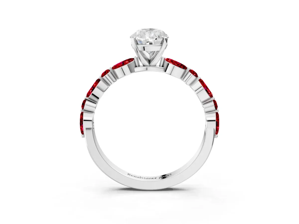 Pear Cut Diamond Ring with Marquise and Round Ruby Side Stones and Four-Prong Setting Platinum