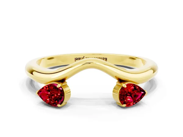 Pear Cut Ruby Two-Stone Open Band Ring with Prong Setting Yellow gold