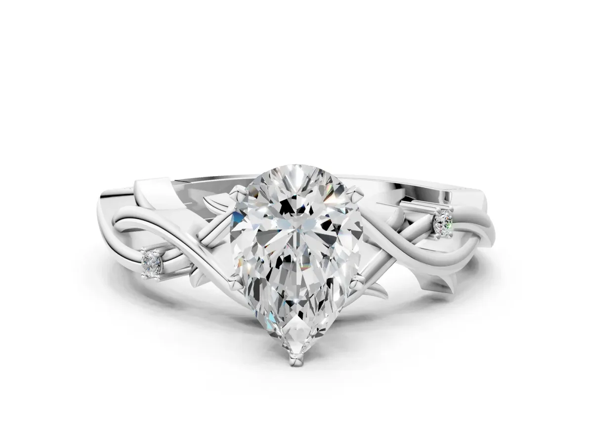 Pear Cut Diamond Solitaire Ring with Twisted Band and Prong Setting Silver