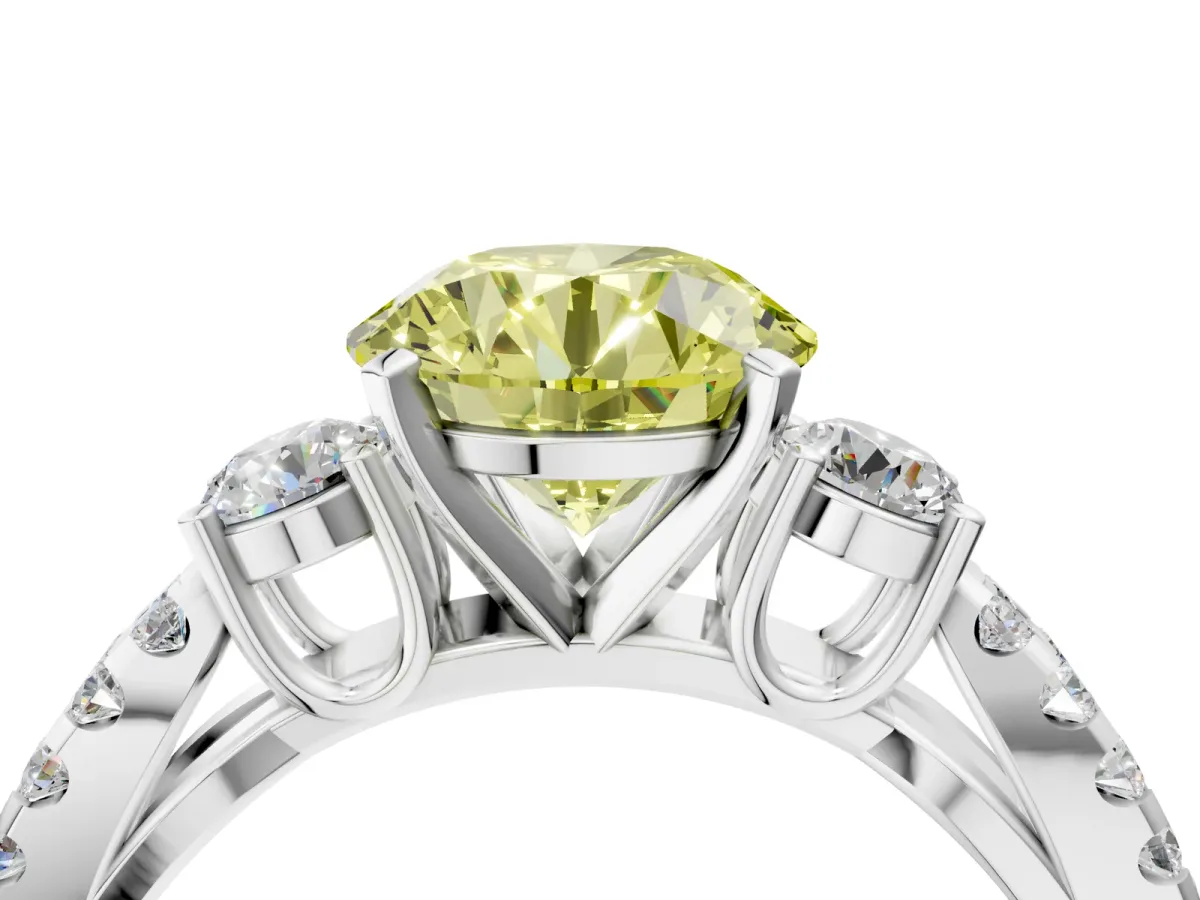 Fancy Yellow Round Cut Diamond Three-Stone Ring with Pavé Split Shank and Four-Prong Setting Silver