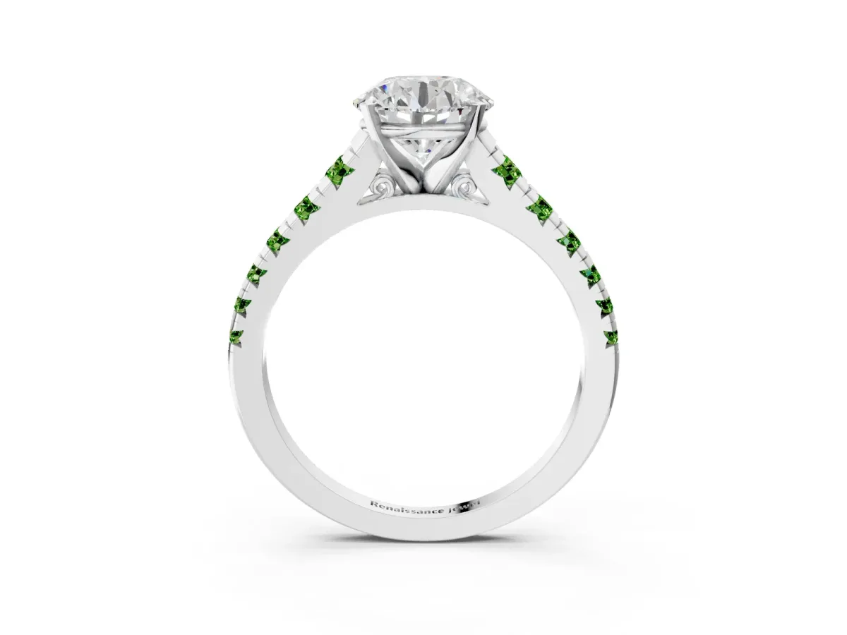 Round Cut Diamond Cathedral Solitaire Ring with Round Peridot Pavé Band Silver