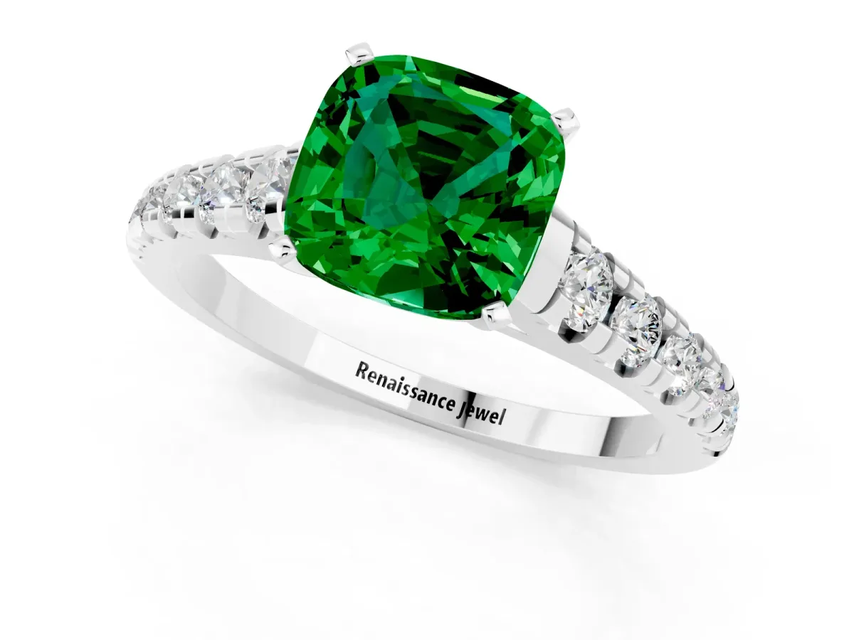 Cushion Cut Emerald Cathedral Solitaire Ring with Round Pavé Band Platinum